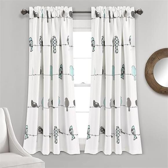 Rowley Birds Light Filtering Window Curtain Panels,Pair,52" W x63" L,Blue & Gray - Picture 7 of 7